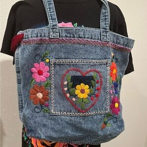 Denim Tote with Floral Embroidery